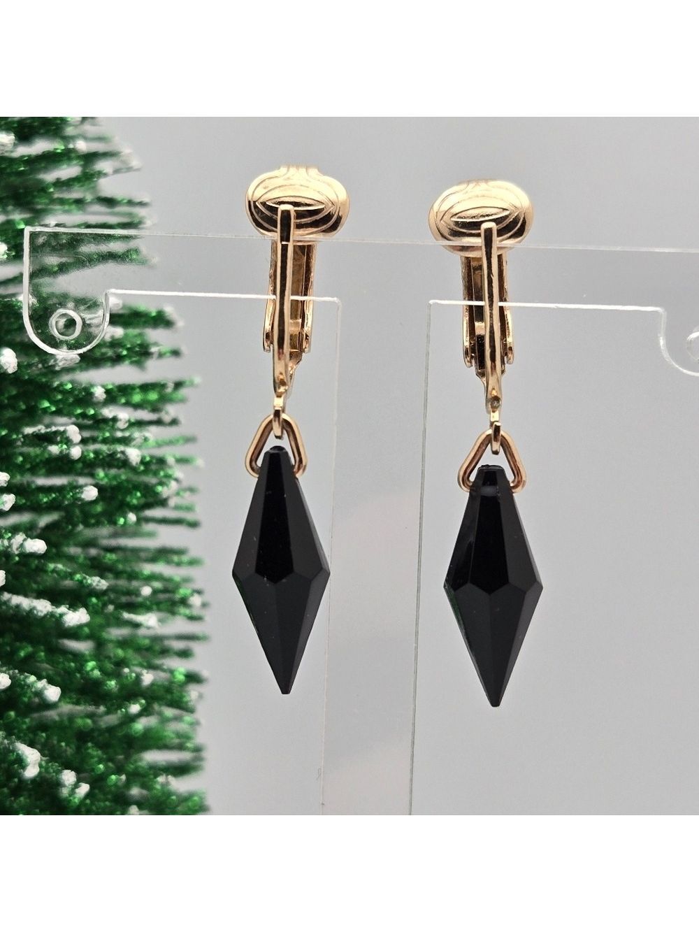 Vintage Sarah Coventry Gold-Tone Clip-On Earrings Black Crystal Dangle